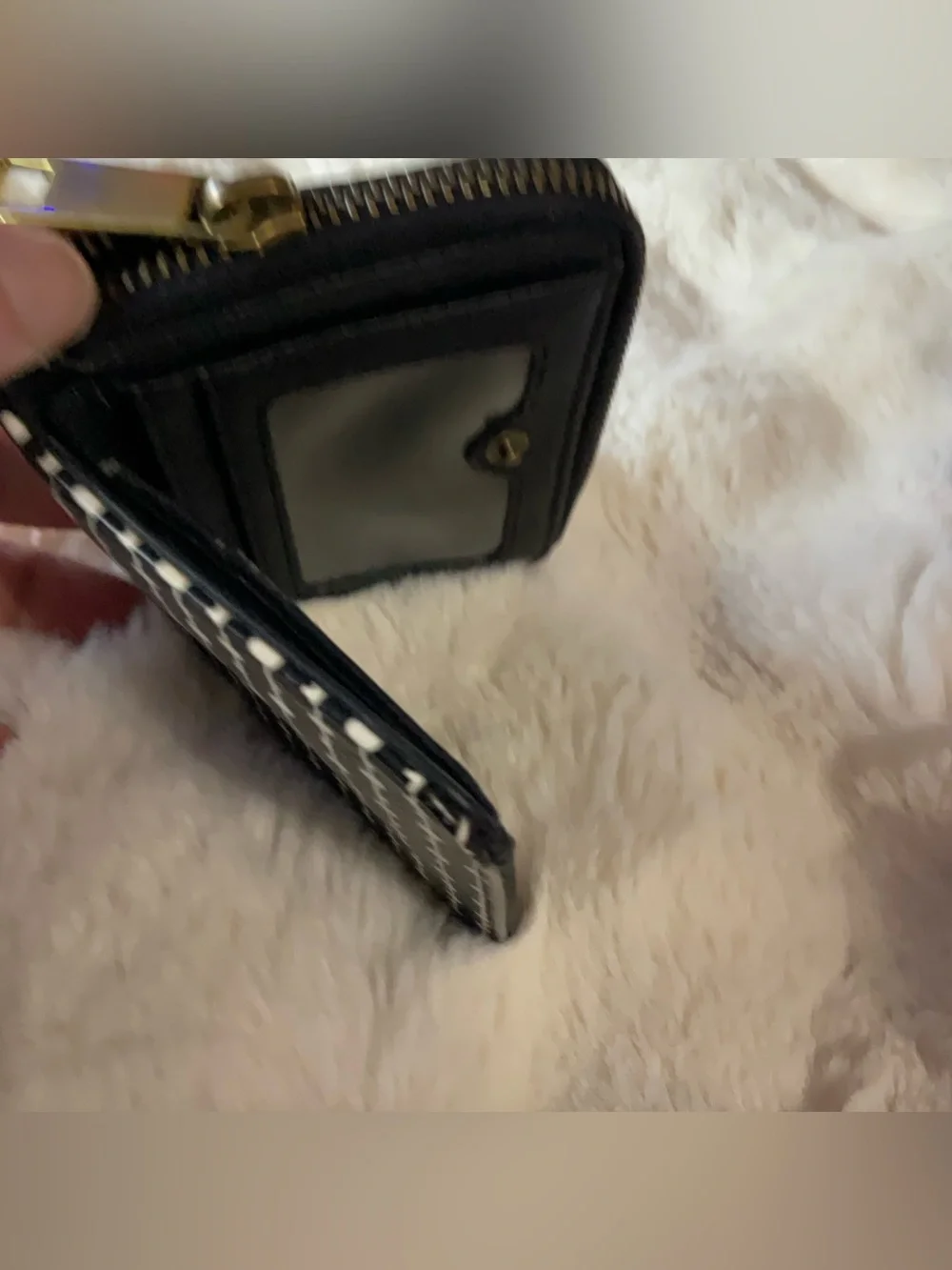Fossil Logan zip-around bifold wallet, black & white dotted lines, gold hardware